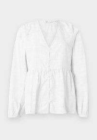 Λευκό μακρυμάνικο πουκάμισο με κάθετες ρίγες, V-λαιμόκοψη, κούμπωμα με κουμπιά μπροστά, σούρες στη μέση και διακοσμητικές λεπτομέρειες ανοιχτής κεντητής εργασίας κατά μήκος της ραφή και των πλευρών.