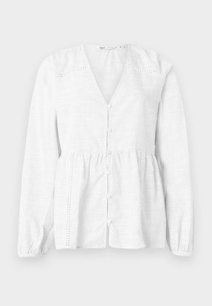 Λευκό μακρυμάνικο πουκάμισο με κάθετες ρίγες, V-λαιμόκοψη, κούμπωμα με κουμπιά μπροστά, σούρες στη μέση και διακοσμητικές λεπτομέρειες ανοιχτής κεντητής εργασίας κατά μήκος της ραφή και των πλευρών.