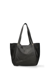 Borsa a tote in pelle nera con due manici robusti, texture morbida e design minimalista. Include dettagli in metallo dorato.