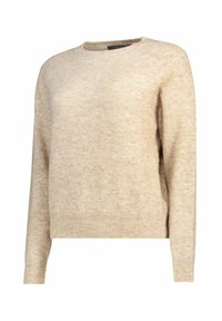 Beige trui met een ronde hals, lange mouwen en geribbelde zoom. Zachte gebreide structuur met een subtiel, gespikkeld patroon overal.