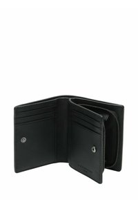 Czarny skórzany portfel z sześcioma miejscami na karty, kieszenią na monety zapinaną na zamek oraz zatrzaskiem. Minimalistyczny design z tłoczonym logo.