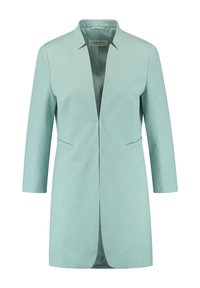 Veste bleu sarcelle clair avec un design structuré, manches 3/4, col pointu et deux poches avant. Présente une texture géométrique subtile.