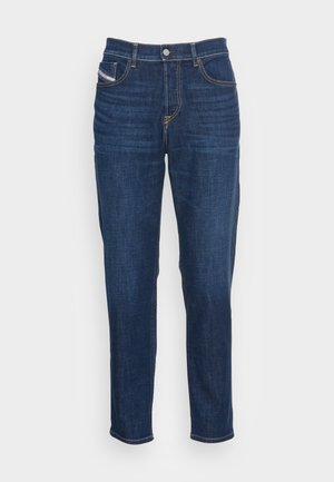 Dark blue denim jeans featuring a straight leg design, five-pocket styling, button closure, and contrasting stitching.