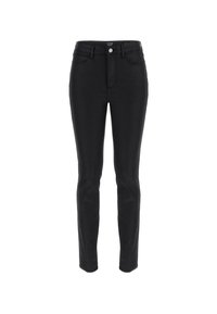 Jeans skinny de mezclilla negra con una cintura alta, cierre frontal con botón y diseño de cinco bolsillos. La tela tiene una textura suave y costuras mínimas.