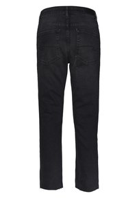 Černé džíny ze vzorované denimu s rovnými nohavicemi, obsahující dvě zadní kapsy, mírně třepené lemy a hladkou texturu.