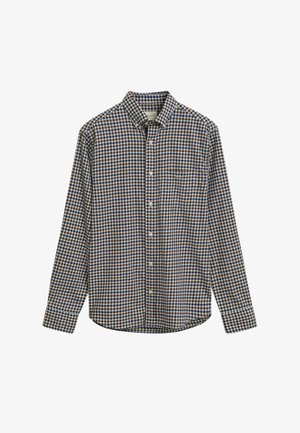 Langärmliges Hemd im braunen, marineblauen und weißen karierten Muster. Mit einem Button-Down-Kragen und einer Brusttasche. Hergestellt aus einer weichen Baumwollmischung.