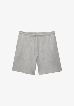 Gray cotton shorts with an elastic waistband and drawstring, featuring two side pockets and a soft, textured finish.