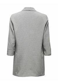 Jasnoszary płaszcz z kołnierzem, rękawami do trzech ćwiartek, dwoma bocznymi kieszeniami i teksturowanym materiałem. Widok z tyłu pokazuje prosty krój.