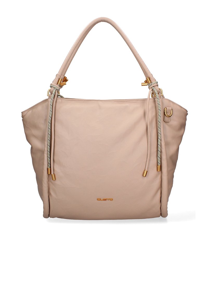 Sac fourre-tout rose clair en cuir souple, avec une forme structurée, des poignées doubles et des accents métalliques décoratifs.