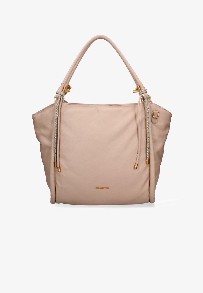 Sac fourre-tout rose clair en cuir souple, avec une forme structurée, des poignées doubles et des accents métalliques décoratifs.