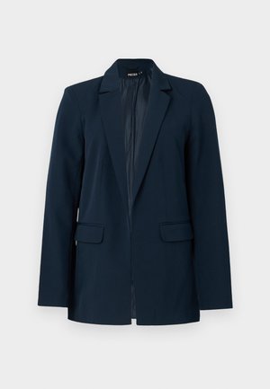Blazer azul-marinho com um design ajustado, fecho de um botão, dois bolsos frontais e forro suave. Apresenta um colarinho clássico de lapela.