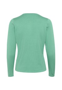 Pikad varrukad, helesinine, ribatud tekstuur, ümmargune kaelus, nähtamatud õmblused, keha lähedane disain, pehme kangas, ühtlane, ilma mustrite või aktsentideta.