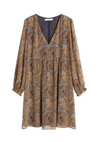 Robe à manches longues en V avec taille froncée, présentant un motif paisley marron avec des accents floraux bleus et violets.