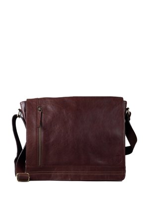 Brown leather messenger bag with a zippered pocket, adjustable strap, flat top, and minimal stitching details. Smooth texture, rectangular shape.