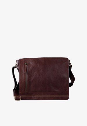Brown leather messenger bag with a zippered pocket, adjustable strap, flat top, and minimal stitching details. Smooth texture, rectangular shape.