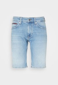 Shorts de mezclilla azul claro con corte recto, diseño de cinco bolsillos y un desvanecimiento sutil. Presentan un cierre de botón y dobladillos cosidos.