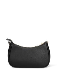 Borsa in pelle nera con finitura testurizzata, silhouette curva, chiusura superiore con zip e dettagli in metallo dorato. Design compatto adatto agli elementi essenziali.