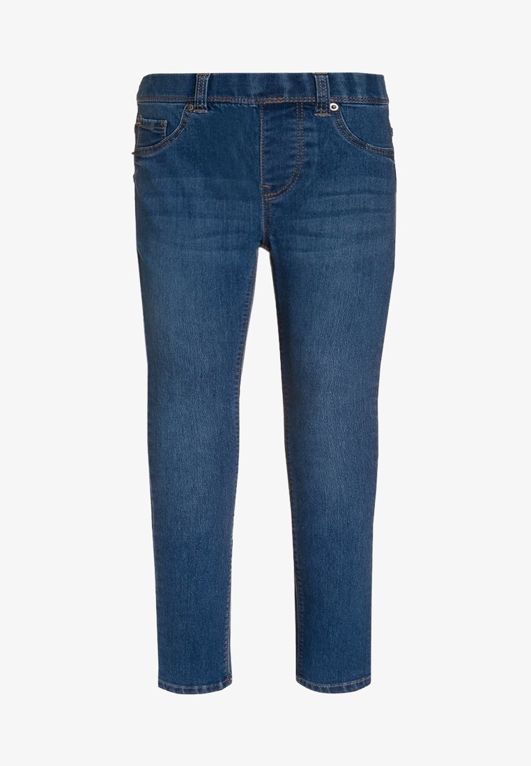 Vaqueros de mezclilla azul con un ajuste slim, que presentan una bragueta con cremallera, cinco bolsillos y detalles sutiles de costura. Textura suave y diseño de pierna cónica.