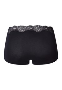 Svart hipsterunderkläder med spetsdetaljer i midjan, som har en mjuk tygstruktur och en kort, boxermodell.