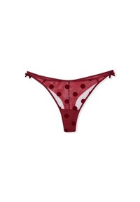 Burgunderfarbene Netzschlupfhose mit großen Punkten, dünnen Seitenbändern und kleinen Schleifen an den Hüften. Sie hat eine durchsichtige Textur und minimalen Schutz.