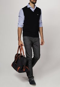 Svart ärmlös tröja över en ljusblå rutad skjorta, grå byxor och marinblå skor. Håller en svart väska med bruna detaljer.