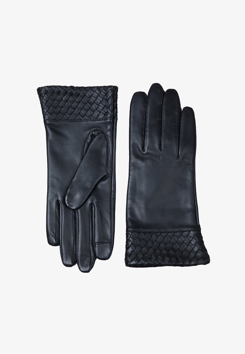 Black leather gloves with a woven pattern at the cuff. The gloves are smooth, fitted, and feature five fingers with a comfortable lining.