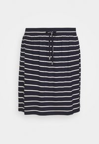 Gonna blu navy con righe orizzontali bianche, vita elastica con coulisse regolabile, texture del tessuto morbida, design fino al ginocchio.