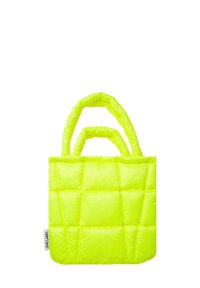 Neon yellow quilted tote bag with two padded handles. Features a boxy shape, contrasting stitching, and a logo tag on the side.