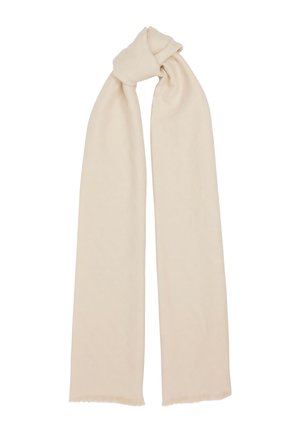 Sciarpa beige realizzata in tessuto morbido, caratterizzata da una superficie liscia e bordi frangiati. Ha una forma lunga e rettangolare.