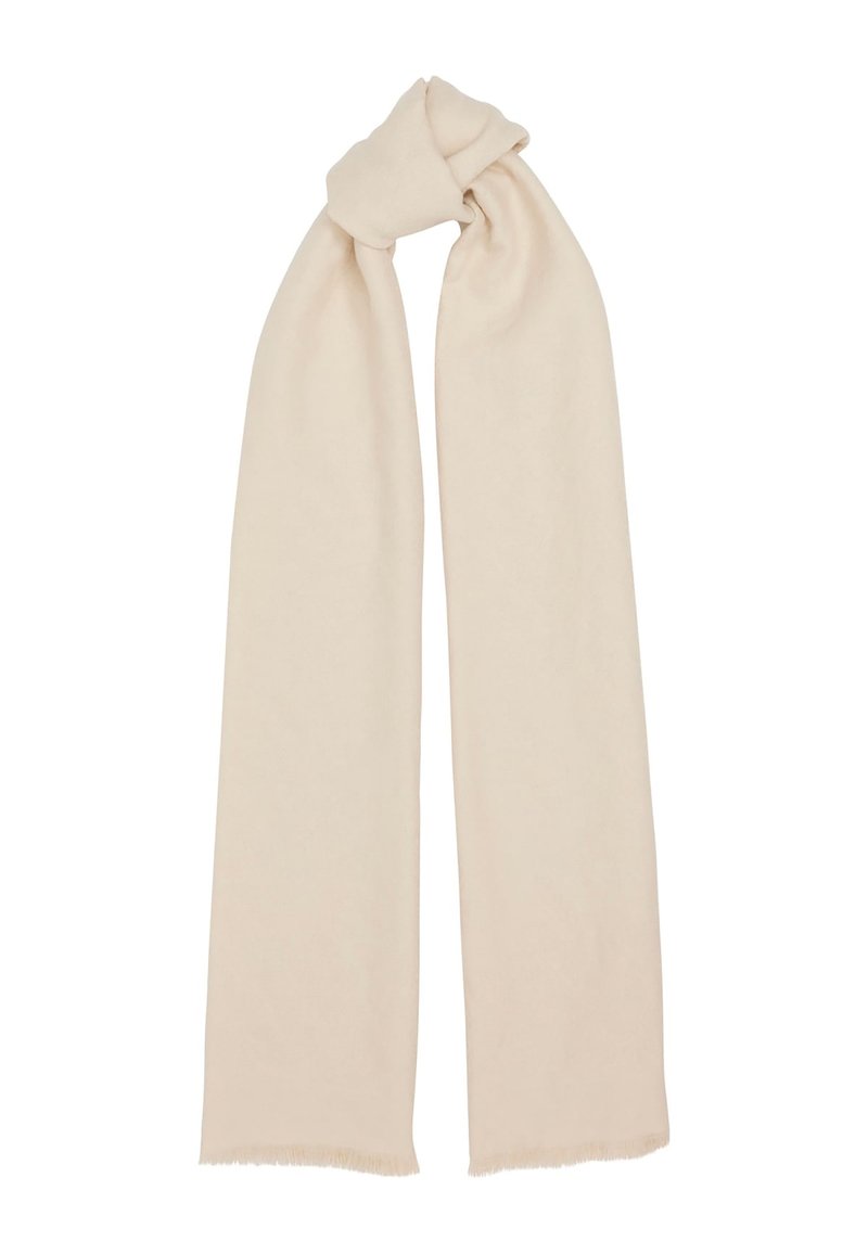 Sciarpa beige realizzata in tessuto morbido, caratterizzata da una superficie liscia e bordi frangiati. Ha una forma lunga e rettangolare.