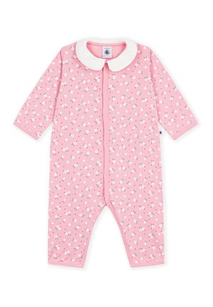 Grenouillère bébé rose avec imprimé floral blanc, manches longues, boutons-pression sur le devant et col rond blanc.
