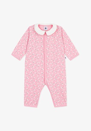 Grenouillère bébé rose avec imprimé floral blanc, manches longues, boutons-pression sur le devant et col rond blanc.