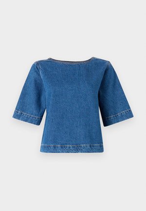 Denim top featuring a blue color, short sleeves, a wide neckline, and visible stitching along edges for added detail.