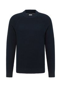 Marineblauer Strickpullover mit einem strukturierten Muster, Rundhalsausschnitt und gerippten Bündchen und Saum. Mit Raglanärmeln für mehr Bewegungsfreiheit.