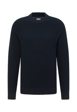 Pulover tricotat de culoare bleumarin, cu un model texturat, guler rotund și manșete și tiv elastic. Dispune de mâneci raglan pentru o mișcare ușoară.