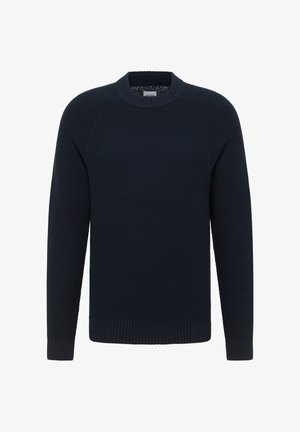 Pulover tricotat de culoare bleumarin, cu un model texturat, guler rotund și manșete și tiv elastic. Dispune de mâneci raglan pentru o mișcare ușoară.