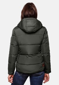 Dark green puffy jacket with a hood, featuring horizontal quilted sections, a smooth texture, and two brown accent labels on the back.