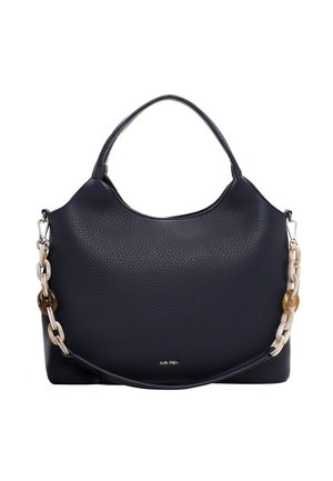 Borsa a tracolla in pelle blu navy scuro con finitura testurizzata, dotata di un manico superiore liscio e di una tracolla a catena con maglie traslucide.