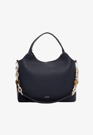 Dunkelblauer Lederhandtasche mit strukturierter Oberfläche, ausgestattet mit einem glatten oberen Griff und einem Akzent-Chainriemen mit durchsichtigen Gliedern.