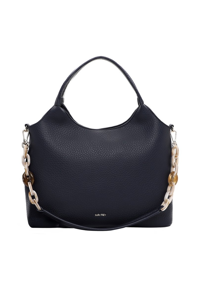 Sac à main en cuir marine foncé avec une finition texturée, doté d'une poignée supérieure lisse et d'une bandoulière chaîne accentuée avec des maillons translucides.