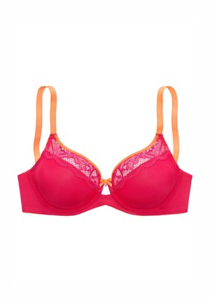 Roter gepolsterter BH mit verstellbaren orangenen Trägern, Spitzenbesatz an den Körbchen und kleiner orangener Schleife in der Mitte vorne.