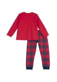 Maglietta rossa a maniche lunghe con orlo a zigzag e pantaloni da pigiama a scacchi rossi e blu marino con elastico in vita. Tessuto in cotone morbido.