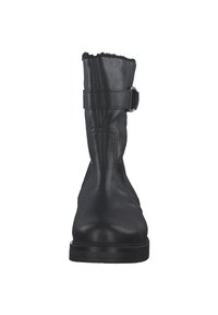 Bottines en cuir noir avec un bout rond, une finition lisse, un haut à bord avec doublure en fourrure et un accent de sangle latérale pour un ajustement sécurisé.