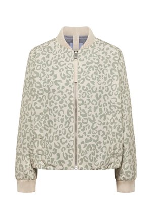 Veste bomber beige clair avec des taches léopard grises atténuées, col et poignets côtelés, fermeture éclair à l'avant et poches latérales.