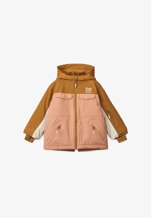 Dziecięca kurtka zimowa z blokami kolorów, z kapturem, przednim zamkiem błyskawicznym, czterema kieszeniami na zamek, w odcieniach brązu, różu i beżu, z logo na piersi.