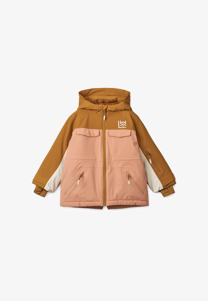 Veste d'hiver enfant color block avec capuche, fermeture éclair frontale, quatre poches zippées, en tons marron, rose et beige, logo sur la poitrine.