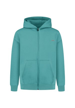 Sudadera con cremallera en color turquesa, fabricada en un tejido suave. Presenta un bolsillo canguro y puños acanalados. Incluye un pequeño logo en el pecho izquierdo.
