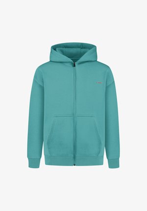 Sudadera con cremallera en color turquesa, fabricada en un tejido suave. Presenta un bolsillo canguro y puños acanalados. Incluye un pequeño logo en el pecho izquierdo.