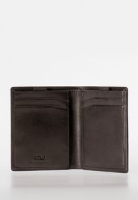 Black leather wallet with a smooth texture, featuring multiple card slots and a logo embossed on the bottom left corner.