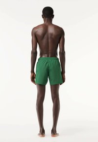 Grüne Badehose aus leichtem Material. Elastischer Bund mit Kordelzug. Glatte Textur, kurze Länge und keine sichtbaren Muster.